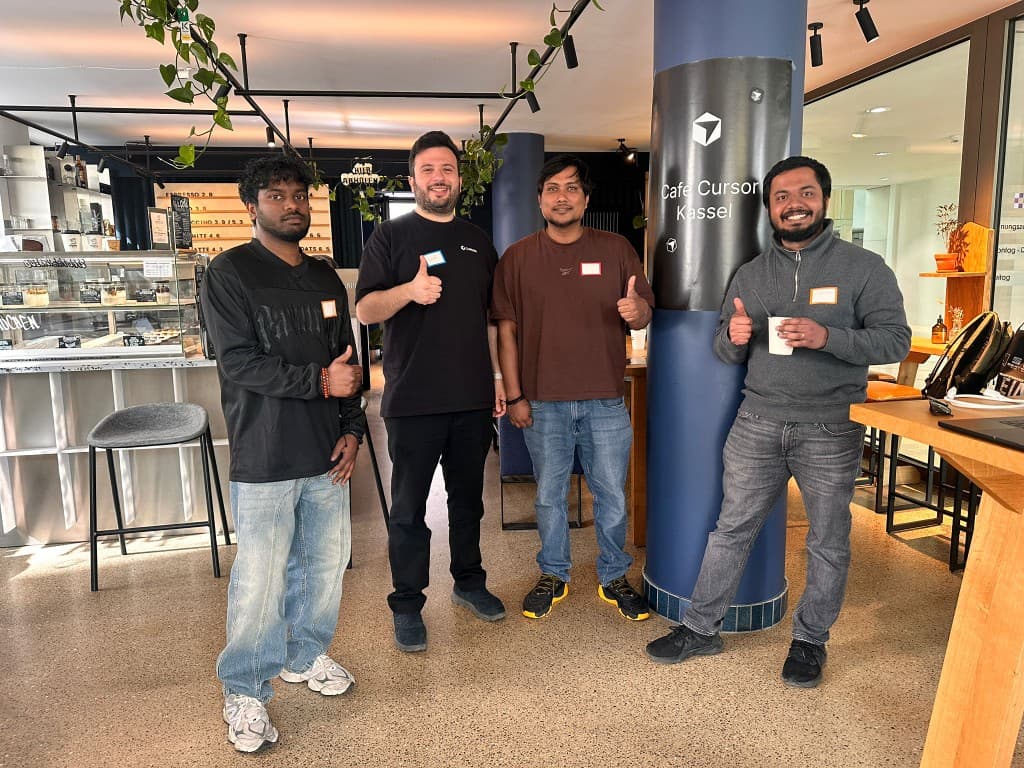 Four attendees giving thumbs up at Café Cursor Kassel in front of the Cursor banner
